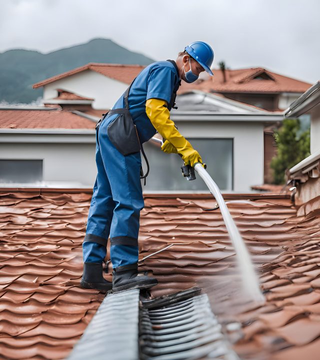 worker-is-cleaning-roof-rainwater-gutter-with-high-pressure